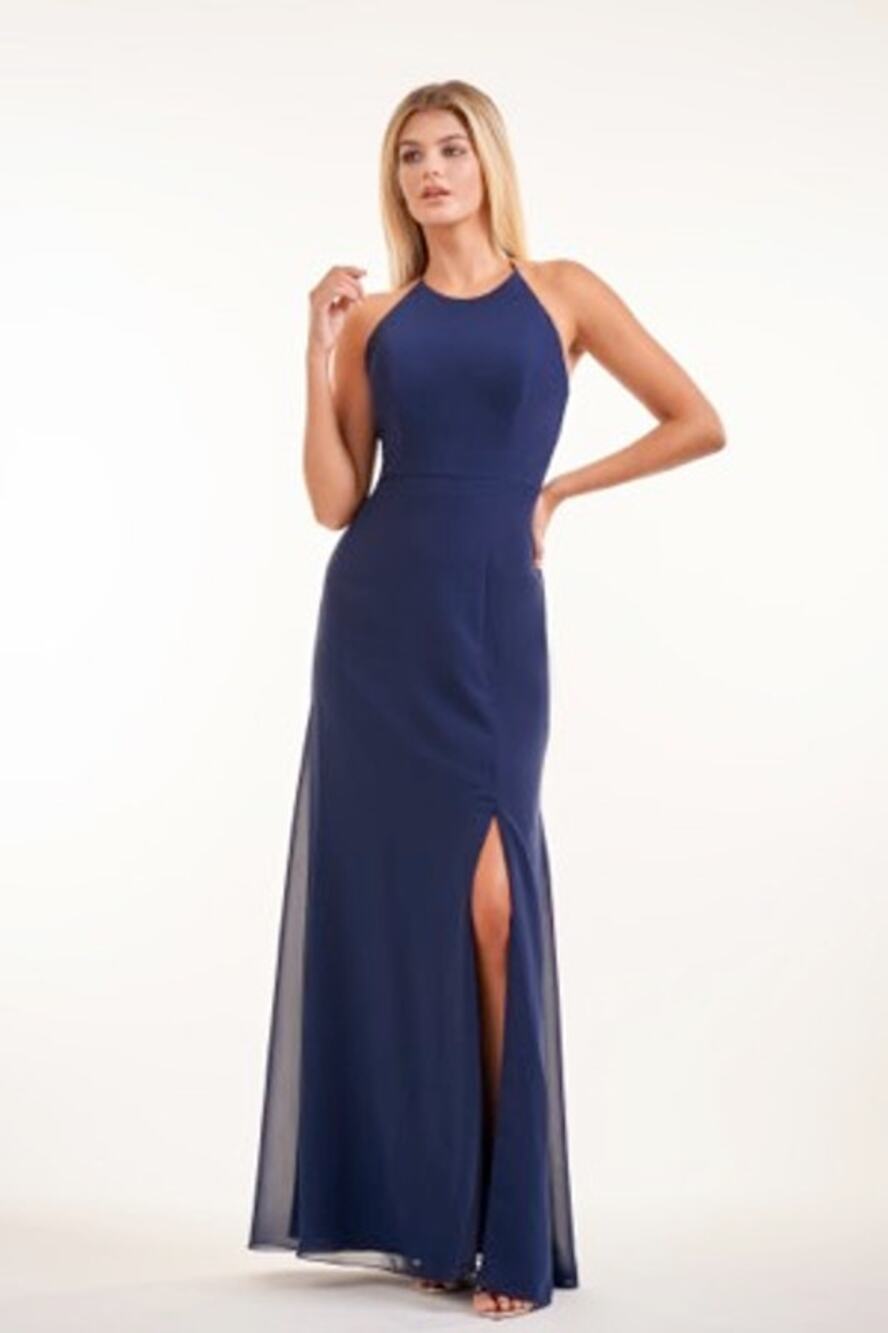 2716 NWT Jasmine Bridal MOB Charlotte Chiffon Halter Neck Dress with Side Slit